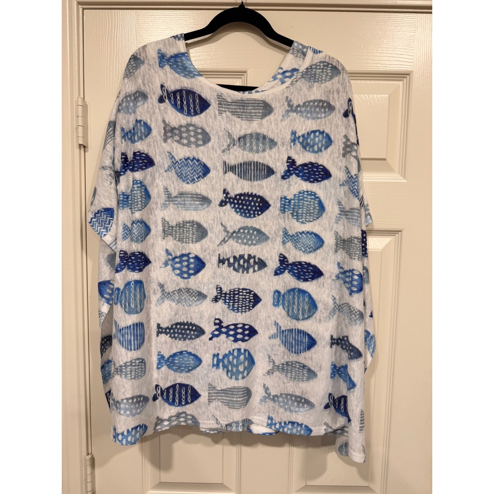 #B13 ET LOIS Tank Top and Kimono shawl Set Medium White Blue Fish Print 2pc - Picture 9 of 11
